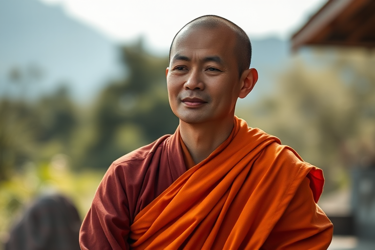 Regenerate the image of a monk in an orange robe sitting peacefully, captured in natural light, shallow depth of field, with a focus on facial features, using a Canon EOS 5D Mark IV, 50mm lens, aperture f/1.8, ISO 100, and a framing that highlights the serene expression and vibrant robe against a blurred natural background.