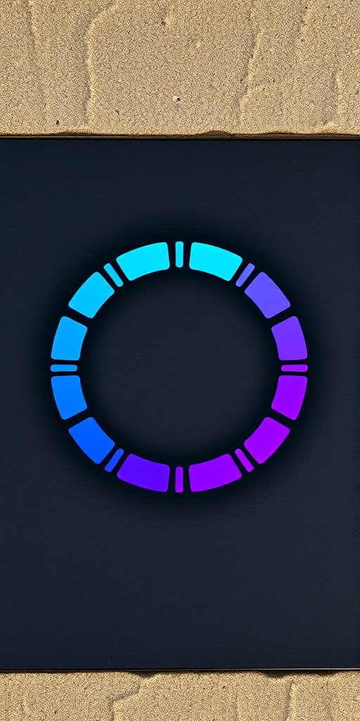 Create a high-resolution image of a loading icon featuring a circular design with alternating blue and purple segments, using a DSLR camera with an aperture of f/2.8, ISO 100, and a focal length of 50mm, shot from a top-down view in natural daylight to enhance clarity and depth.