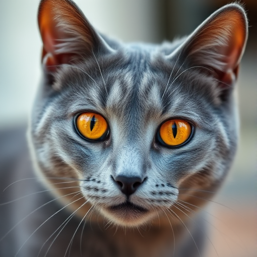 A close-up of a gray cat with bright orange eyes, captured using a DSLR camera with a 50mm lens, aperture set at f/1.8 for a shallow depth of field, ISO at 200 for good low-light performance, in natural daylight for enhanced color vibrancy.