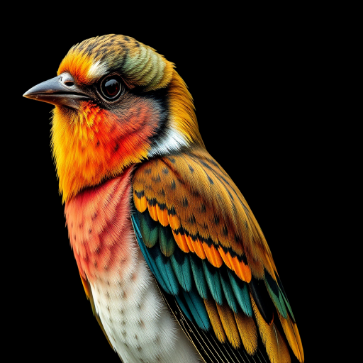 A detailed vintage illustration of a colorful bird with intricate feather patterns, captured in natural light, using a macro lens at f/2.8, ISO 200, 1/250s shutter speed, against a plain black background.