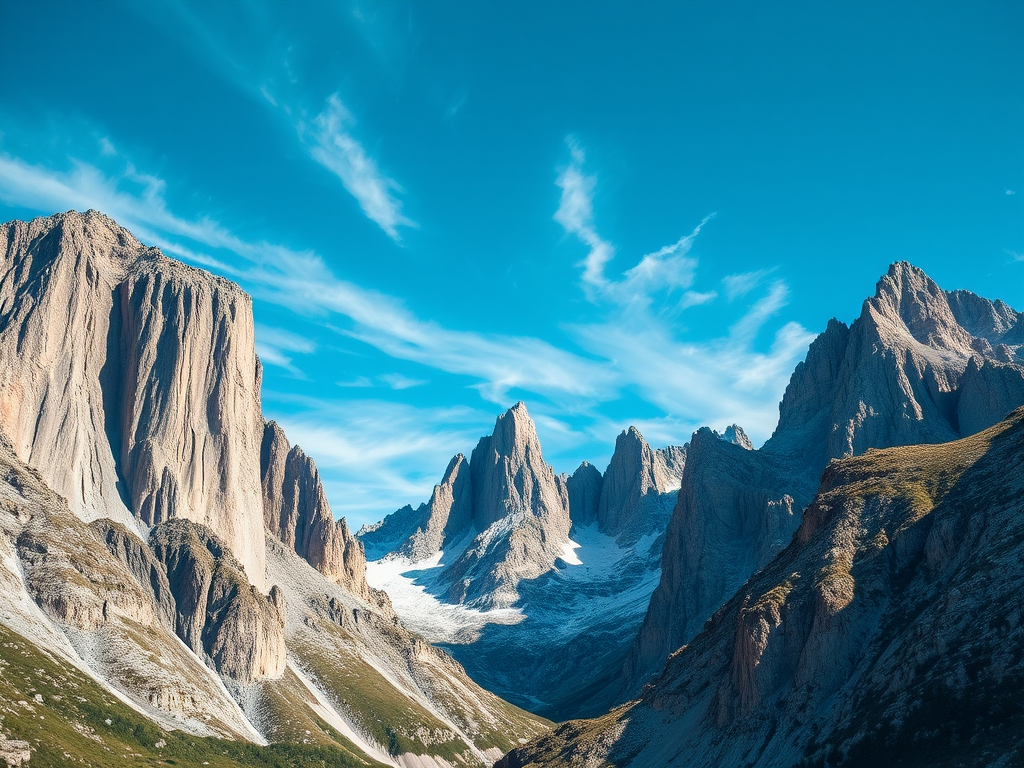Capture a high-resolution image of a rugged mountain landscape under a clear blue sky with wispy clouds, using a DSLR camera with a 24mm lens at f/8, ISO 100, and a shutter speed of 1/200s, from a low angle to emphasize the towering peaks.