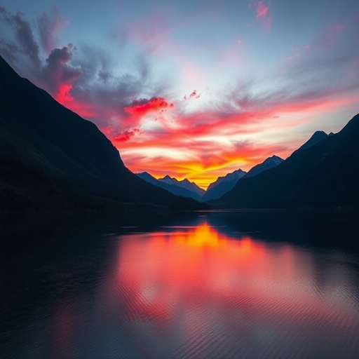 Generate a high-resolution image of a serene landscape featuring a sunset over mountains, with vibrant colors reflecting on a calm lake, captured with a DSLR camera at f/8 aperture, ISO 100, shutter speed 1/125 sec, using a wide-angle lens from a slightly elevated view to enhance depth.