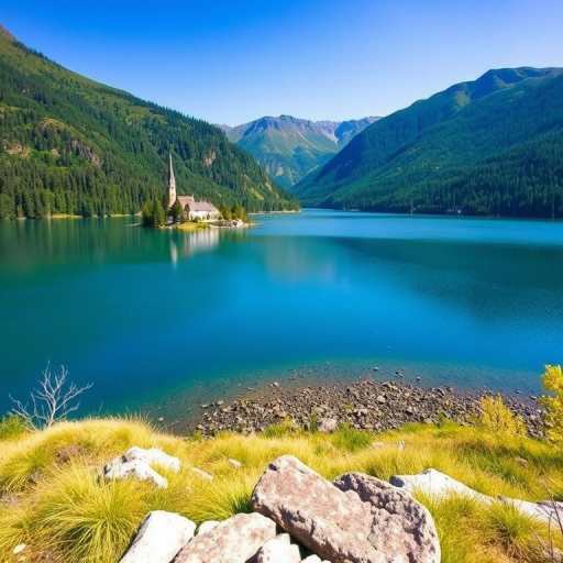 Generate a serene landscape of a lake surrounded by lush green mountains, featuring a charming house near the water's edge, captured with a DSLR camera at f/8 aperture, ISO 100, 1/200 sec shutter speed, using a 24mm wide-angle lens, in natural sunlight for vibrant colors and clarity.