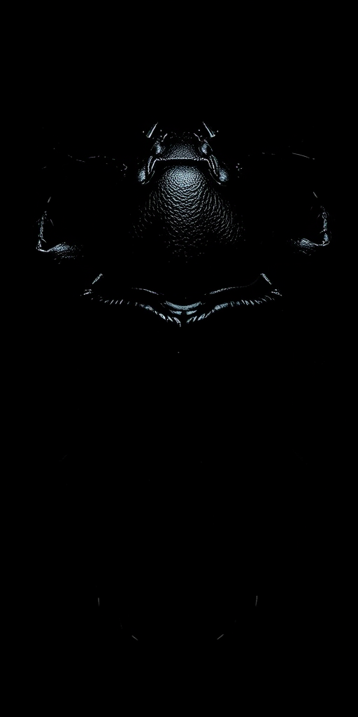 Regenerate an artistic black silhouette of a beetle with intricate details, captured using a Canon EOS 5D Mark IV, 50mm lens, aperture f/8, ISO 200, top-down view, in high contrast, emphasizing texture and form.