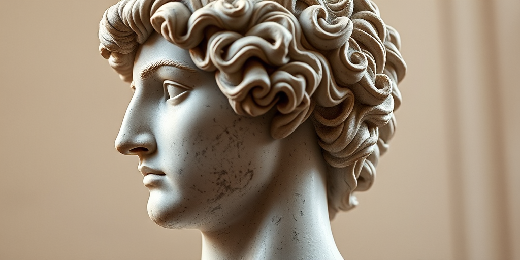Regenerate a high-resolution image of a classic sculpture in profile with intricate details of the curly hair and facial features, using a DSLR camera with a 50mm lens, f/1.8 aperture, ISO 100, natural lighting, capturing a soft-focus background for depth.