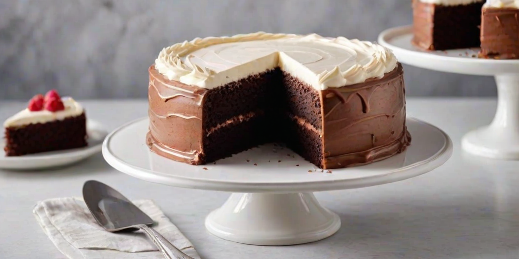 Generate an image of a round chocolate cake with a smooth white frosting. The cake is displayed on a simple white cake stand. One slice of the cake has been removed to reveal the rich chocolate interior. The background is softly blurred to highlight the cake. Include a silver cake server and a couple of white plates next to the cake.