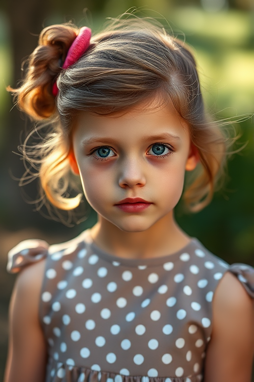 Create a portrait of a girl with a vintage hairstyle and polka dot dress, using a Canon EOS R5 with a 50mm f/1.2 lens, aperture set to f/2.8, ISO 100, natural light, and a shallow depth of field to enhance detail and soften the background.