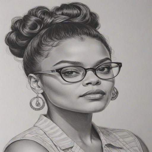 Lovely Andra Day, pencil sketch, portrait of Fetching woman 1965s in glasses, hair style beatnik, outline, clear lines, fine lines, 8k