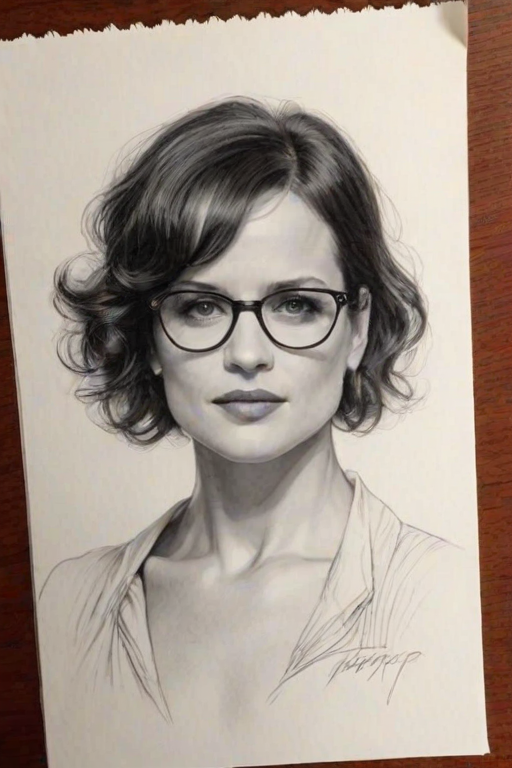 Captivating Carla Gugino, pencil sketch, portrait of Exquisite woman 1922s in glasses, hair style beatnik, outline, clear lines, fine lines, 8k