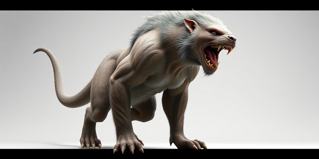 Create a hyper-realistic digital rendering of a humanoid creature with pronounced musculature and fur, in a dynamic pose as if mid-roar, using a high-resolution DSLR camera with a 50mm lens, aperture set to f/2.8 for a shallow depth of field, ISO 100, shot from a low angle to emphasize height and strength, with studio lighting to highlight textures and details.