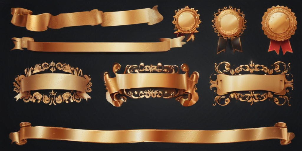 Elegant Collection of Gold Ribbons and Decorative Badges for Design Use