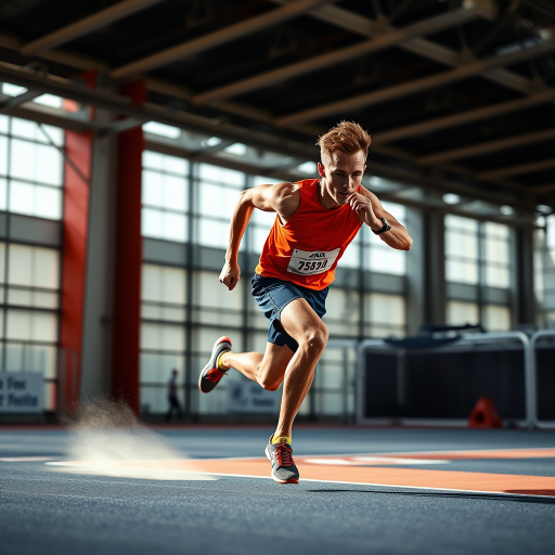 Create a dynamic image of a male athlete running, captured from a low-angle perspective, using a DSLR camera with a 35mm lens at f/2.8, ISO 200, shutter speed 1/500s, focusing on sharp details and vibrant colors to enhance motion and energy.