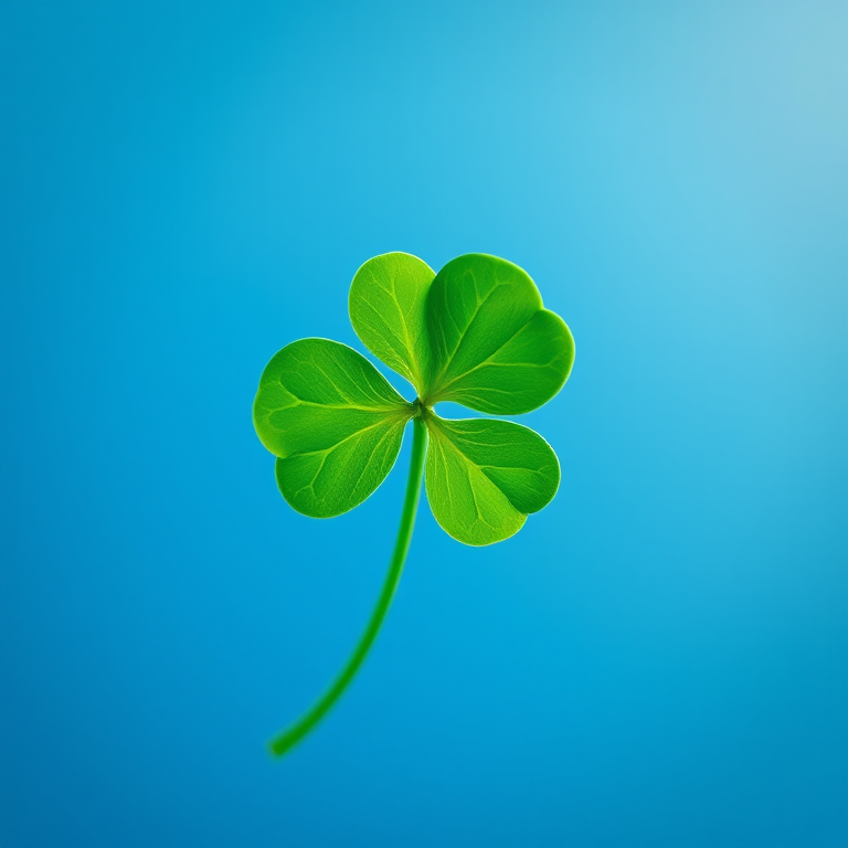 Create a high-resolution image of a three-leaf clover with a vibrant green color on a smooth gradient blue background using a DSLR camera with a 50mm lens at f/2.8, ISO 100, and a shallow depth of field to create a soft bokeh effect.