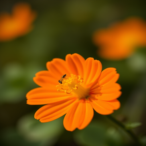 macro shot of a vibrant orange flower with detailed pollen in the center, soft blurred background, natural lighting, f/2.8 aperture, 100mm lens, ISO 100, DSLR camera, shallow depth of field.