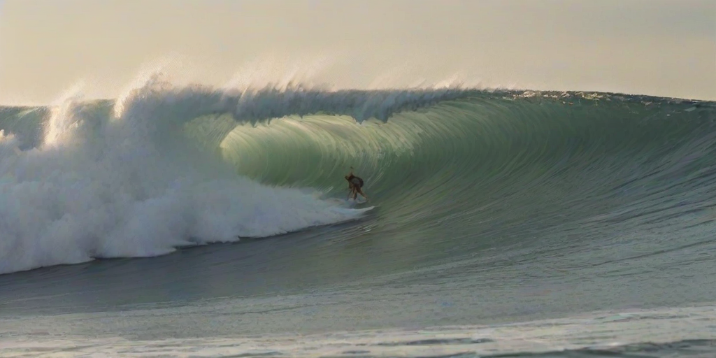 Blurry action shot of a surfer riding a massive wave, the ocean spray flying into the air, soft focus on the distant horizon, and the powerful energy of the sea.