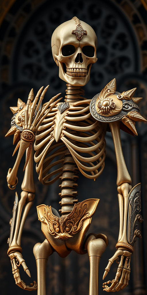 A highly detailed humanoid skeleton in ornate golden and silver armor, striking a dramatic pose against an elaborate gothic backdrop, shot with a Canon EOS R5, 50mm lens, f/1.8 aperture, ISO 100, natural soft lighting, high dynamic range.