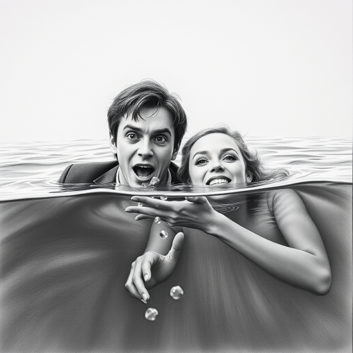 A hyperdetailed photorealistic black and white pencil sketch recreating the iconic scene at the end of Titanic with Jack and Rose floating in the water, only show them making exaggerated funny faces at the camera. Show Rose spitting water at the camera.