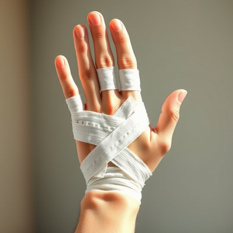 create a detailed vector illustration of a hand with bandages, using a high-resolution camera, ISO 100, f/2.8 aperture, 50mm lens in natural light, focusing on the texture and details of the bandages and skin.