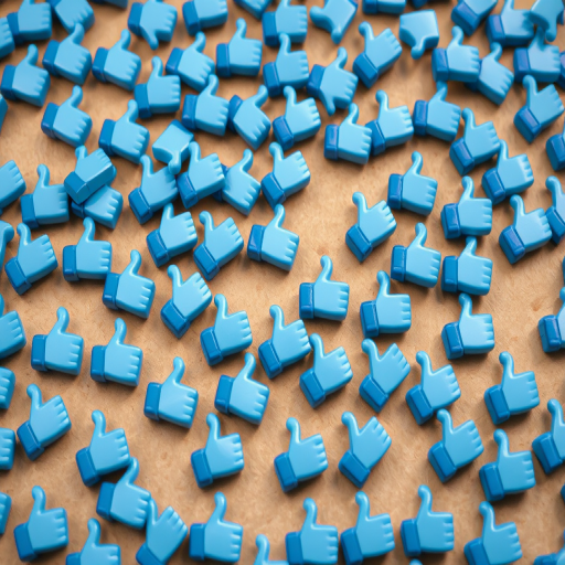 Create a high-resolution image of a multitude of blue thumbs-up icons scattered across a surface, captured with a DSLR camera using a 50mm lens, f/2.8 aperture, ISO 100, and a top-down view to enhance depth and detail.