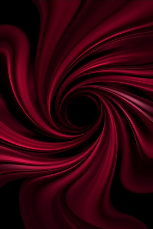 Generate an abstract image featuring swirling maroon and burgundy elements converging towards a central vortex with smooth lines and high contrast on a black background, captured with a DSLR camera at f/8 aperture, ISO 100, 1/100s shutter speed, using a wide-angle lens for an expansive view and vibrant color saturation.