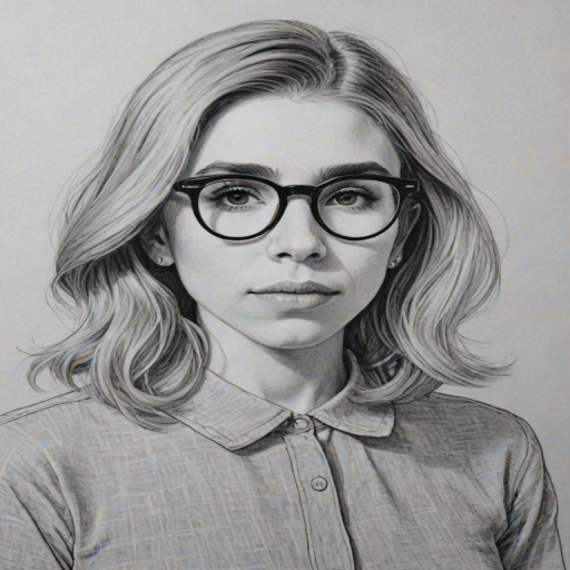 Bewitching Zosia Mamet, pencil sketch, portrait of Dazzling woman 1966s in glasses, hair style beatnik, outline, clear lines, fine lines, 8k