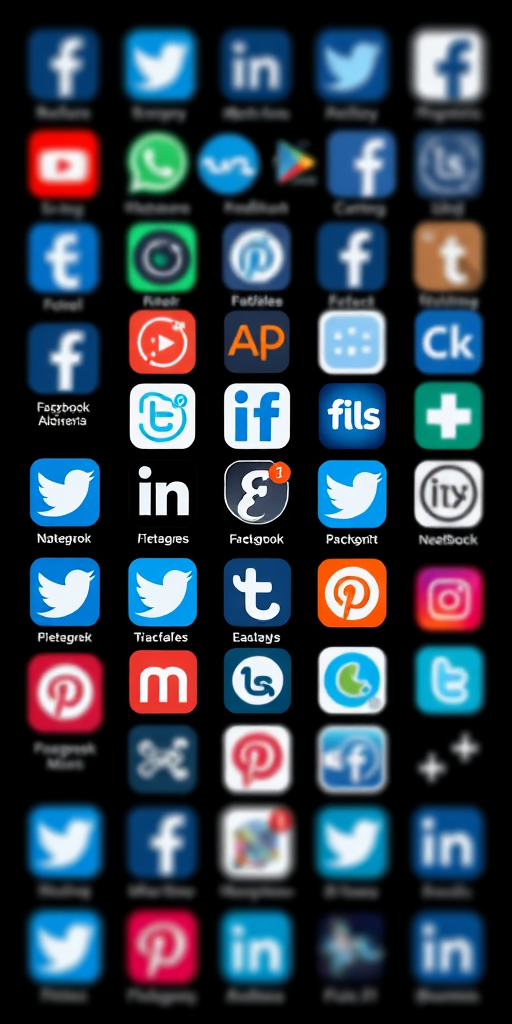 Create a high-resolution image of various social media and communication platform logos displayed in a grid format on a black background, using a DSLR camera with a 50mm lens, f/2.8 aperture, ISO 100, and a soft focus technique for an artistic effect.