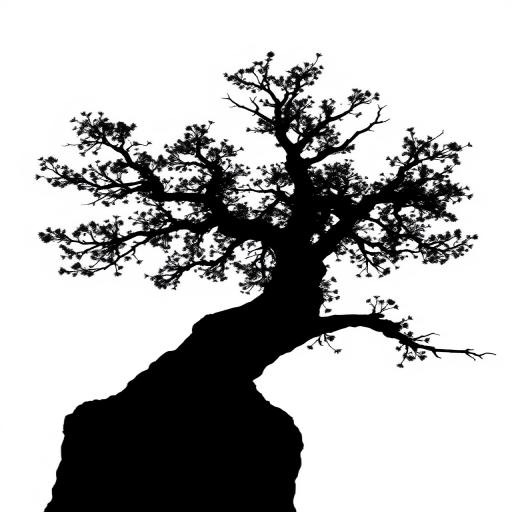 Create a high-contrast black silhouette of a tree on a white background, using a DSLR camera, aperture f/8, ISO 100, focal length 50mm, shot from a low angle to enhance depth and detail.