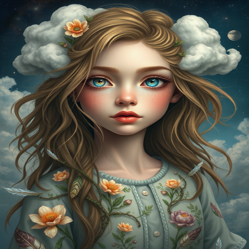 Create a series of imaginative portraits where each subject is infused with elements of fantasy and nature. The hair of the individuals should flow like clouds, varying from soft, fluffy cumulus to wispy cirrus strands, with hints of color reflecting a sunset or a clear blue sky. The eyes should be windows to entire galaxies, with stars, nebulae, and distant planets visible within them. Clothing should be adorned with nature motifs, such as floral patterns that bloom and change, vines that seem to grow and wrap around, or feathers that shimmer with iridescence. Each portrait should capture a unique personality, blending human features with the ethereal beauty of the natural and cosmic world. The backgrounds can vary, from starry night skies to enchanted forests, adding depth and context to the magical realism of the portraits