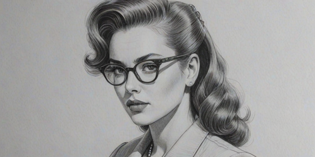 Sublime JoJo, pencil sketch, portrait of Superb woman 1945s in glasses, hair style beatnik, outline, clear lines, fine lines, 8k