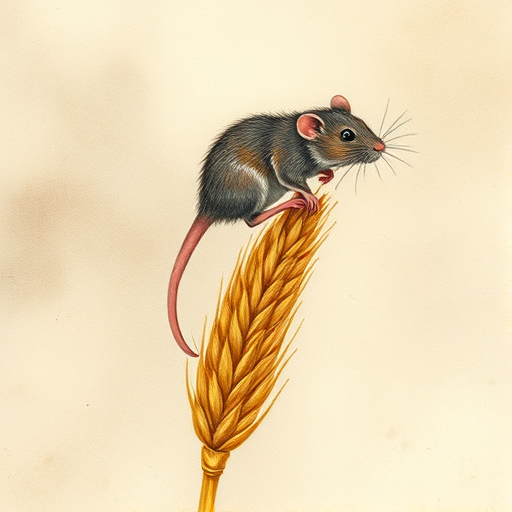Soft, muted Alcohol Ink with ebru effect background image of tiny whimsical rat, who climbed high on the top of a golden rye ear.