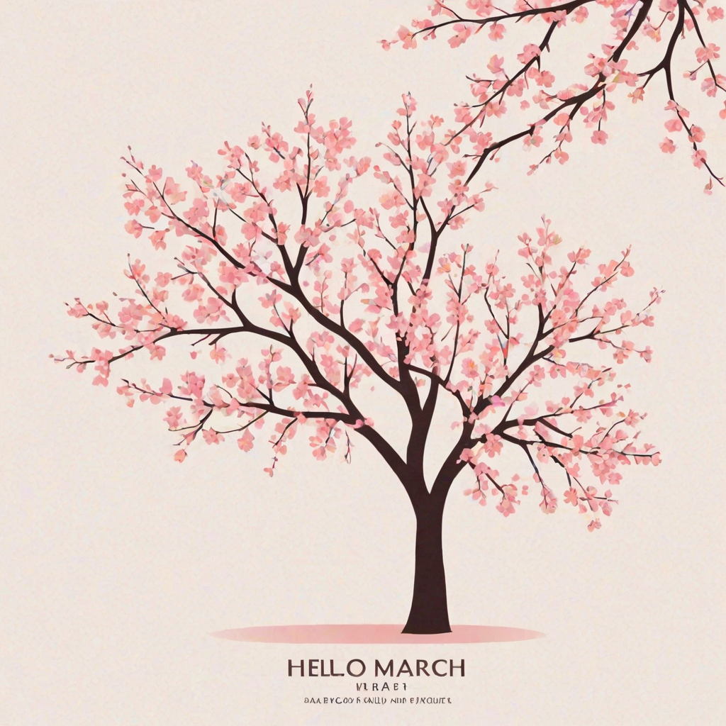 Create a minimalist illustration featuring a pink cherry blossom tree with a white background, accompanied by the text "Hello March" in a stylish font.
