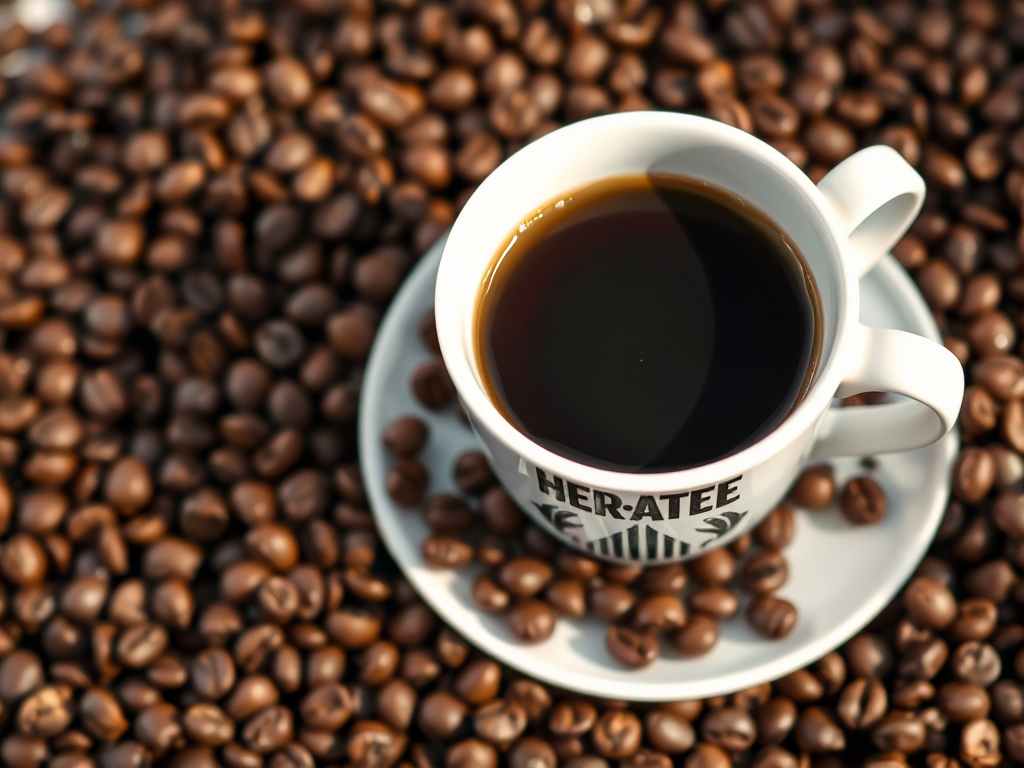 A close-up shot of a white coffee cup filled with dark coffee placed on a saucer, surrounded by an abundance of glossy roasted coffee beans, taken with a DSLR camera at f/2.8 aperture, ISO 100, shutter speed 1/125s, in natural light for a warm, inviting atmosphere.