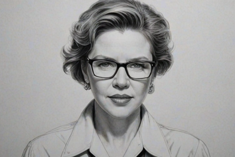 Appealing Annette Bening, pencil sketch, portrait of Dazzling woman 1935s in glasses, hair style beatnik, outline, clear lines, fine lines, 8k