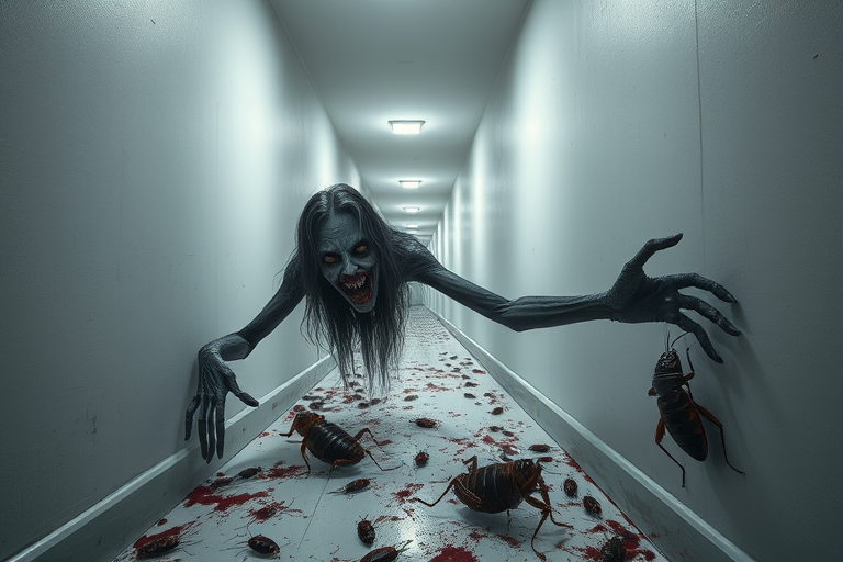 a crooked woman with long arms and a creepy smile is crawling along a long white corridor and you can also see cockroaches in it there is a creepy atmosphere creepy art style