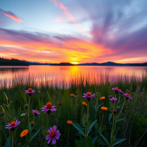A serene lakeside scene at sunset with blooming wildflowers in the foreground, vibrant purple and orange sky reflecting on the water, captured with a DSLR camera, 24mm lens, f/11, ISO 100, long exposure for enhanced detail and color vibrancy.