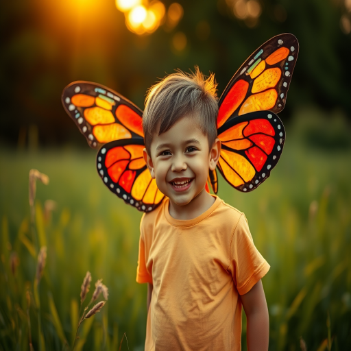 Capture a portrait of a joyful young boy with colorful butterfly wings standing in a lush grassy field during golden hour, using a Canon EOS R6, 50mm f/1.8 lens, aperture set to f/2.8, ISO 100, shutter speed 1/200s, focused on the boy with a blurred background to enhance image quality.