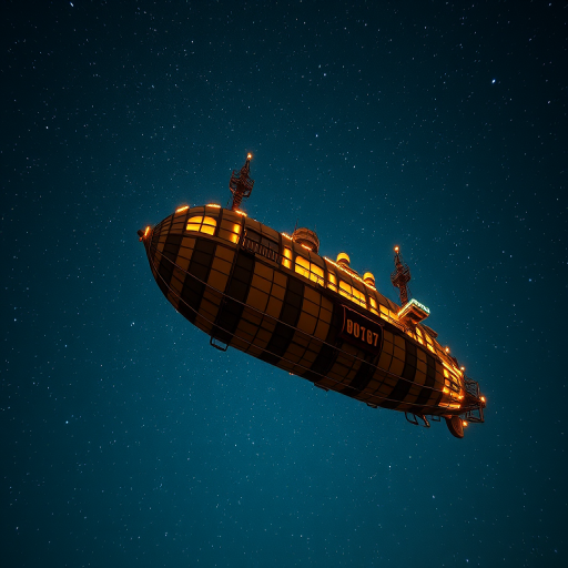 Create an image of a steampunk airship floating in a starry night sky, with intricate details on the airship's structure, using a Canon EOS R5 with a 50mm f/1.2 lens, aperture set to f/2.8, ISO 100, and a wide-angle view to capture the vastness of the cosmos, maintaining high image resolution and clarity.