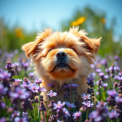 Cinematic close-up of a fluffy dog in a field of purple flowers, sunny day, 50mm lens, f/2.8, ISO 200, natural light, shallow depth of field, DSLR camera.
