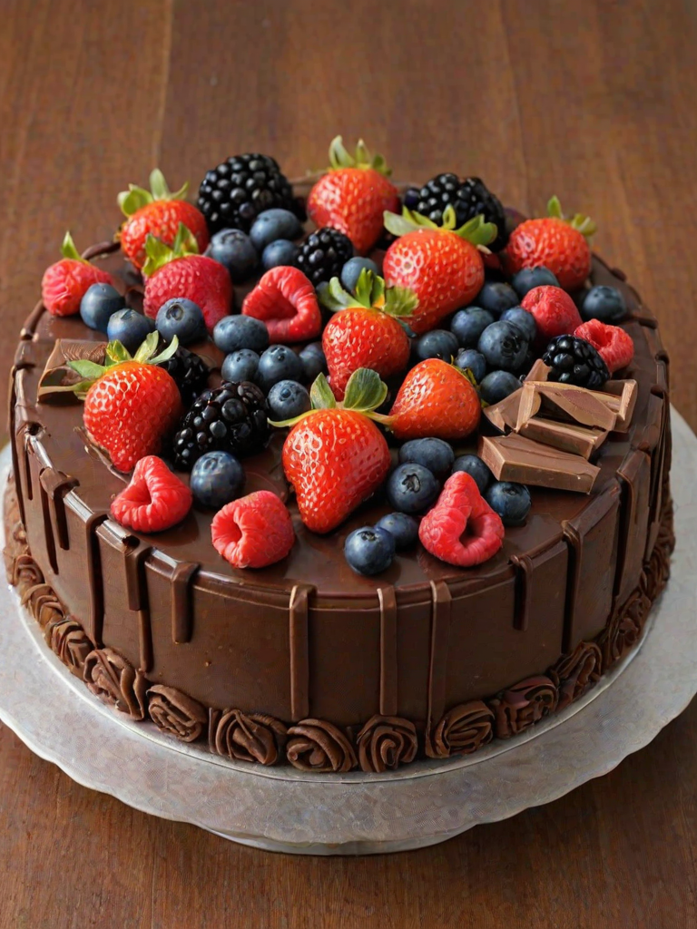 Create an image of a round chocolate cake surrounded by Kit Kat bars, topped with a vibrant assortment of fresh berries such as strawberries, blueberries, raspberries, and blackberries. The cake should have a decorative ribbon tied around it, and the setting should be a bright kitchen with a modern feel.