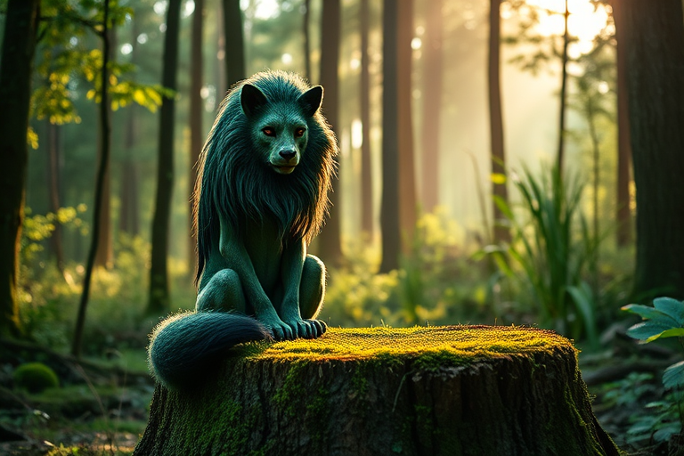 a mythical green creature with a lion-like mane and fox-like body sitting on a mossy stump in a lush forest, soft morning light filtering through the trees, aperture f/2.8, shutter speed 1/250s, ISO 100, 85mm lens, portrait orientation, high dynamic range photography