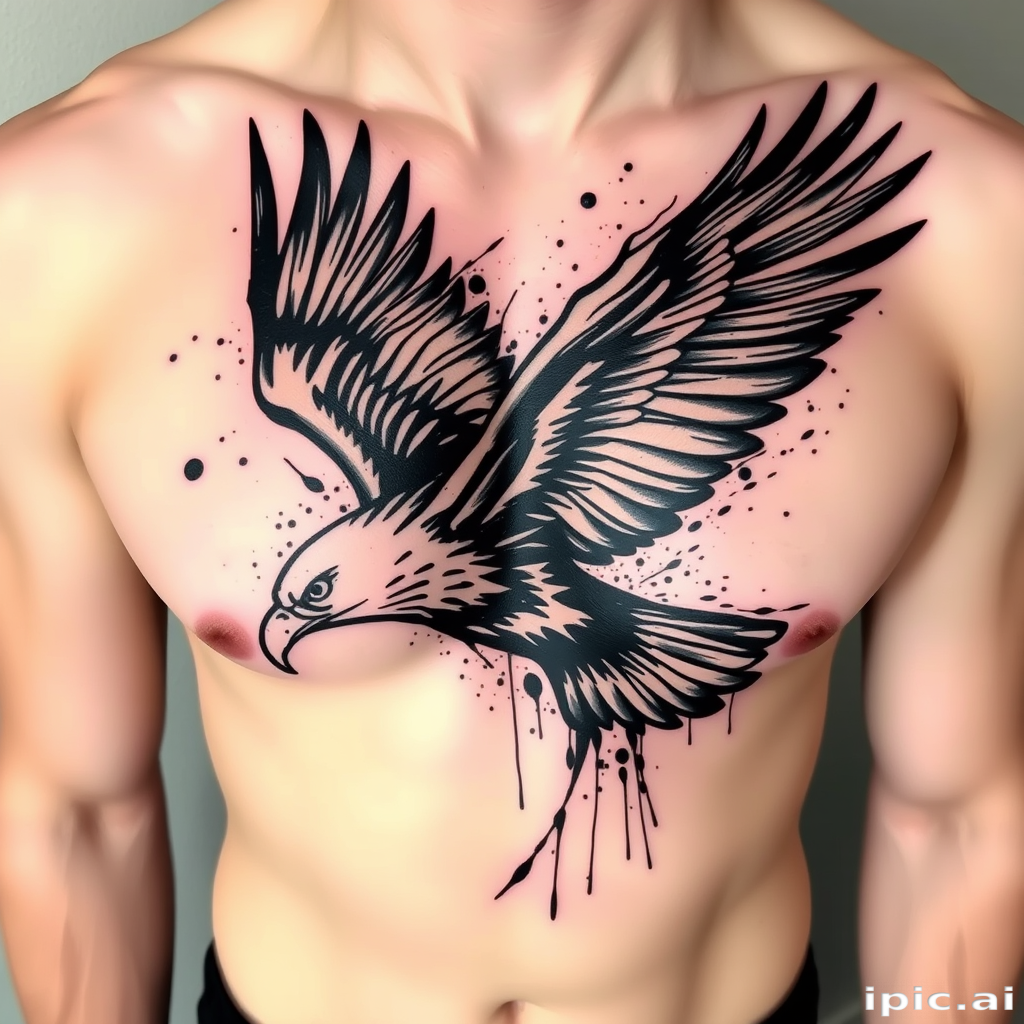 Dynamic brush stroke tattoo of a soaring eagle across the chest, utilizing bold, expressive lines and splatters to capture the bird's movement and power in an artistic, abstract style