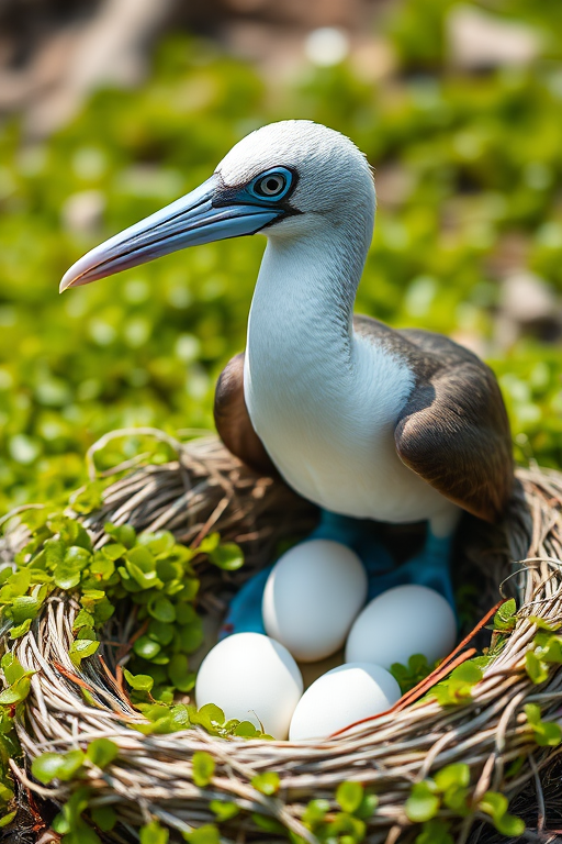 Create a high-resolution digital illustration of a blue-footed booby standing next to its nest with three white eggs, surrounded by green seaweed, with a shallow depth of field, shot using a Canon EOS R5 at f/4, ISO 100, 50mm lens, in bright natural lighting.