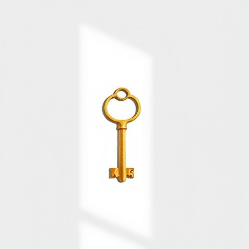 Create a high-resolution image of a simple, elegant gold key silhouette on a white background, using a DSLR camera with a 50mm lens, aperture set to f/8, ISO 100, and soft natural lighting for enhanced clarity.