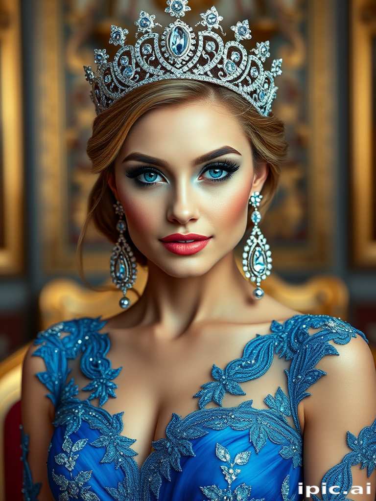 A gorgeous woman in a luxurious blue gown, accessorized with a dazzling tiara and statement earrings, her deep blue eyes highlighted by impeccable makeup, poised in a royal setting, photorealistic, 8K quality