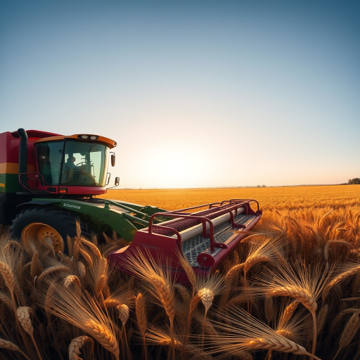 Capture a high-resolution image of a tractor harvesting wheat in a golden field under a clear blue sky, using a DSLR camera with a 50mm lens, aperture set to f/4, ISO 100, shutter speed 1/500s, panoramic view for dynamic perspective, emphasizing the details of the machinery and the texture of the wheat.