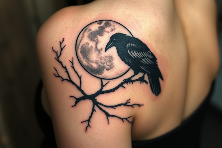 Illustrative blackwork tattoo named "Midnight Serenade" featuring a hauntingly beautiful scene of a raven perched on a moonlit branch, with stark black silhouettes and negative space creating a dramatic contrast against the skin
