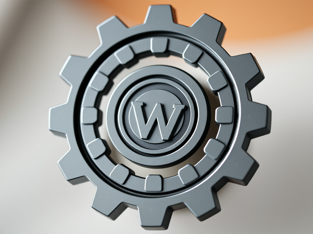 Generate a high-resolution image of a stylized gear design featuring a circular logo in the center, using a DSLR camera with a 50mm lens at f/1.8, ISO 100, and a focus on the gear's detailing, using a soft natural lighting setup for a clean look.