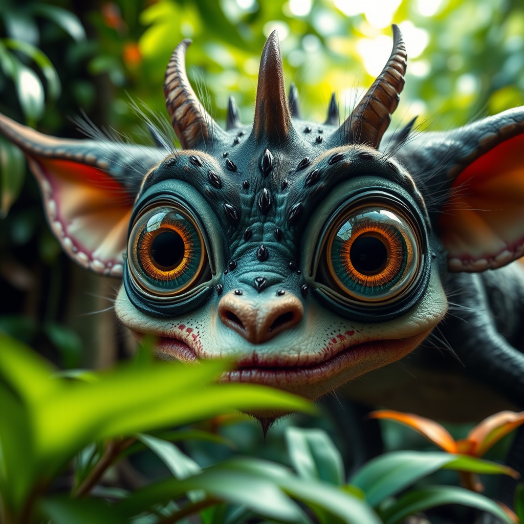 Create a highly detailed close-up of a fantastical creature with large expressive eyes and exaggerated features, set in a lush jungle environment with vibrant foliage, taken with a DSLR camera using a 50mm lens, aperture set to f/2.8 for a shallow depth of field, and ISO 200 for high image clarity, capturing natural lighting to enhance colors and details.