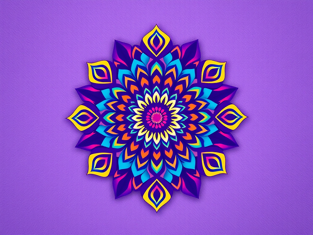 Create a vibrant mandala pattern on a textured purple background, using a Canon EOS R5, 50mm f/1.4 lens, f/2.8 aperture, ISO 100, and natural soft lighting for enhanced detail and clarity.