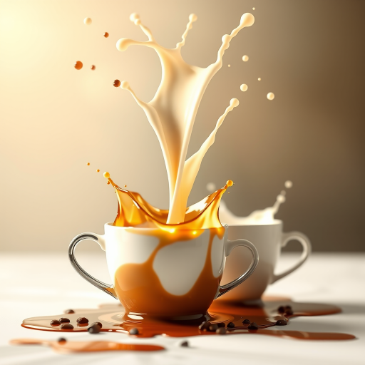 Create an illustration of coffee and milk being splashed in cups, focus on dynamic movement and vibrant colors, use a shallow depth of field with an aperture of f/2.8, 50mm lens, soft natural lighting, and a DSLR camera for high image quality.
